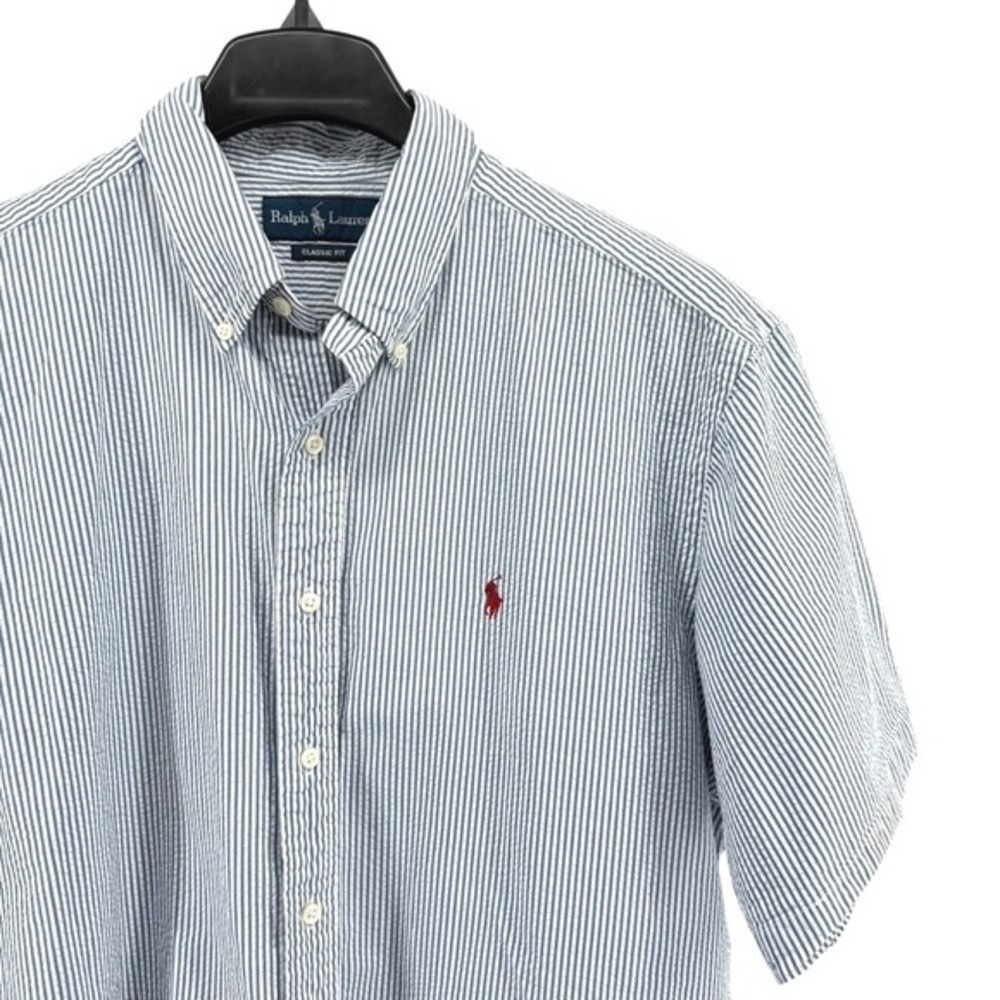 Ralph Lauren‎ Mens XL Pre-Owned Classic Fit Seersucker Striped Button Down Shirt